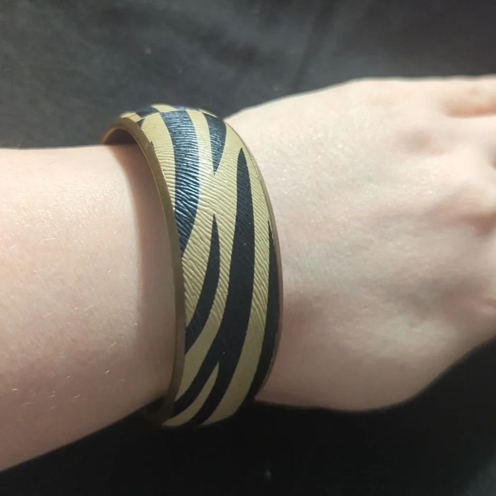Brass Tone Tan and Black Zebra Stripe Bangle Statement Bracelet
